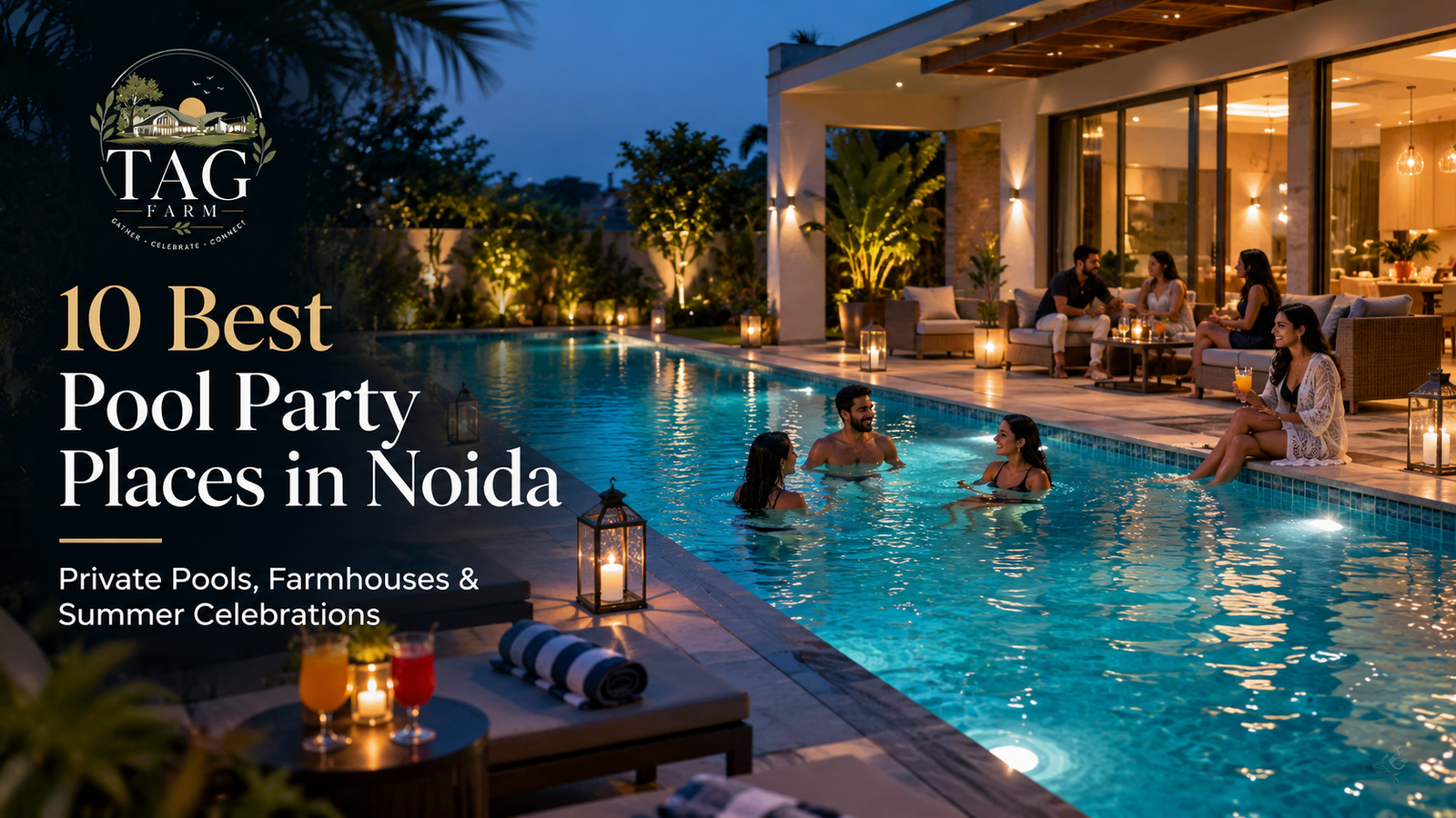 Private pool party place in Noida with swimming pool, lawn and outdoor seating
